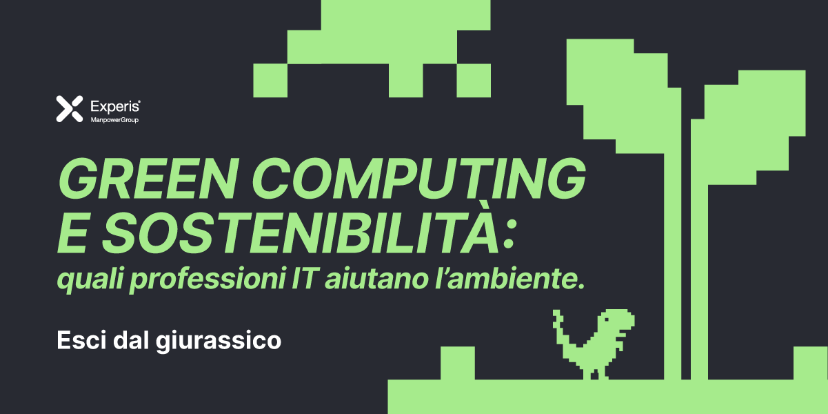 Green Computing | Immagine rappresentativa dell'articolo, in cui compaiono titolo e sottotitolo, con un dinosauro stilizzato sotto un albero