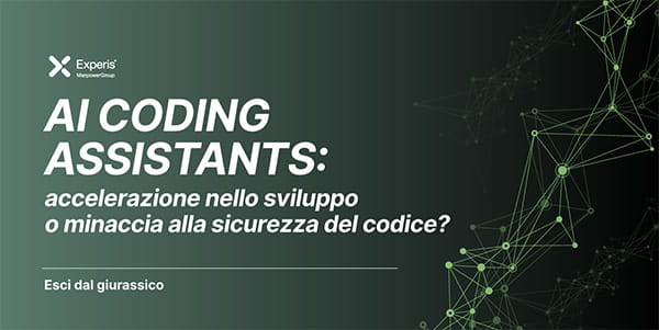 AI Coding Assistant | Immagine con una sfumatura dal verde al nero, sopra la quale sono inseriti dei simboli geometrici. Sono presenti anche titolo e sottotitolo dell'articolo.