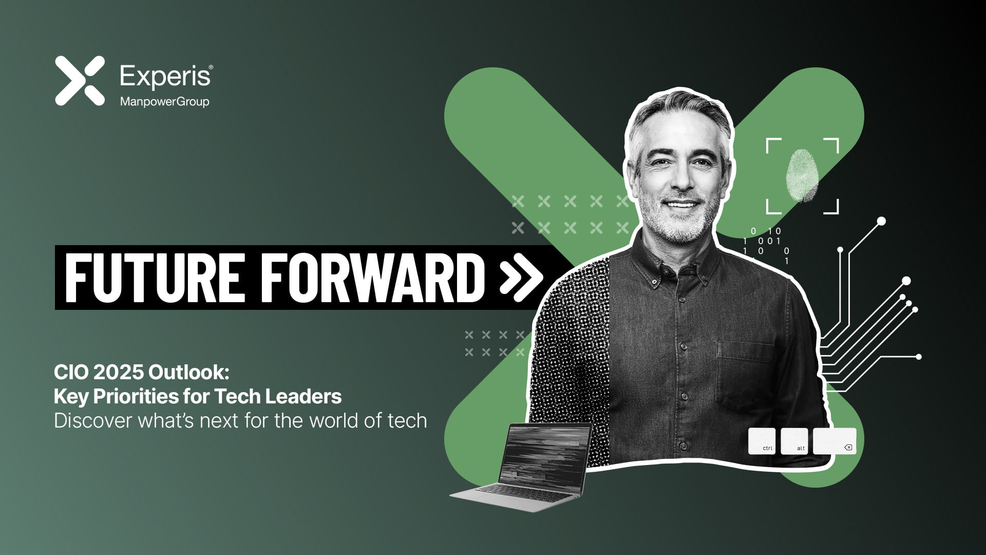 CIO 2025 Outlook | Immagine di un uomo con vicino un computer, sono presenti titolo e sottotitolo dell'articolo